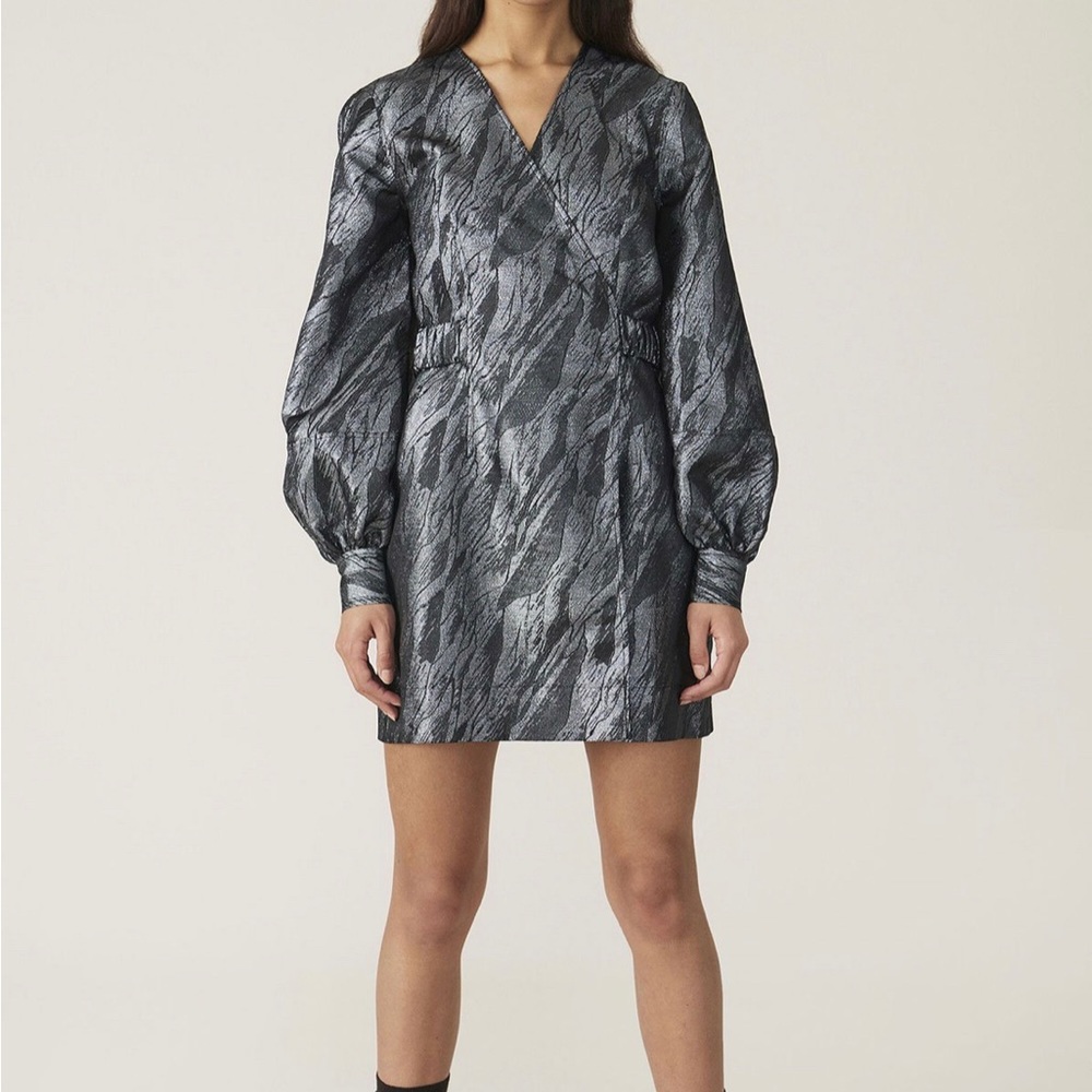 Ganni Black And Metallic Silver Jacquard Wrap Mini Dress Size: 40